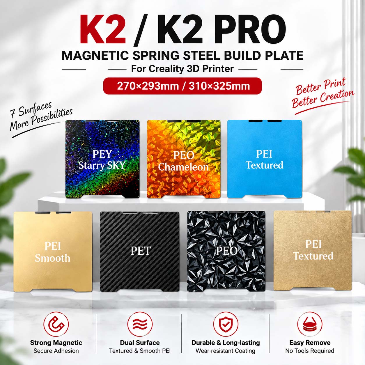 Aluminium Profile 2020 - Creality K2/K2 Pro 磁気スプリングスチール製ビルドプレート 270293/310325mm デュアルスムーステクスチャードPEIプリントベッドアクセサリー