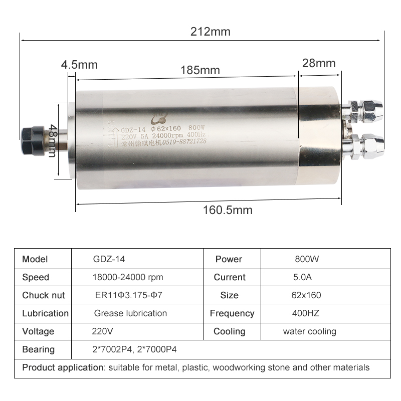 Hqd 220v 800w 金属スピンドル 62*160 6 - Water Cooled Spindle のレビューと価格