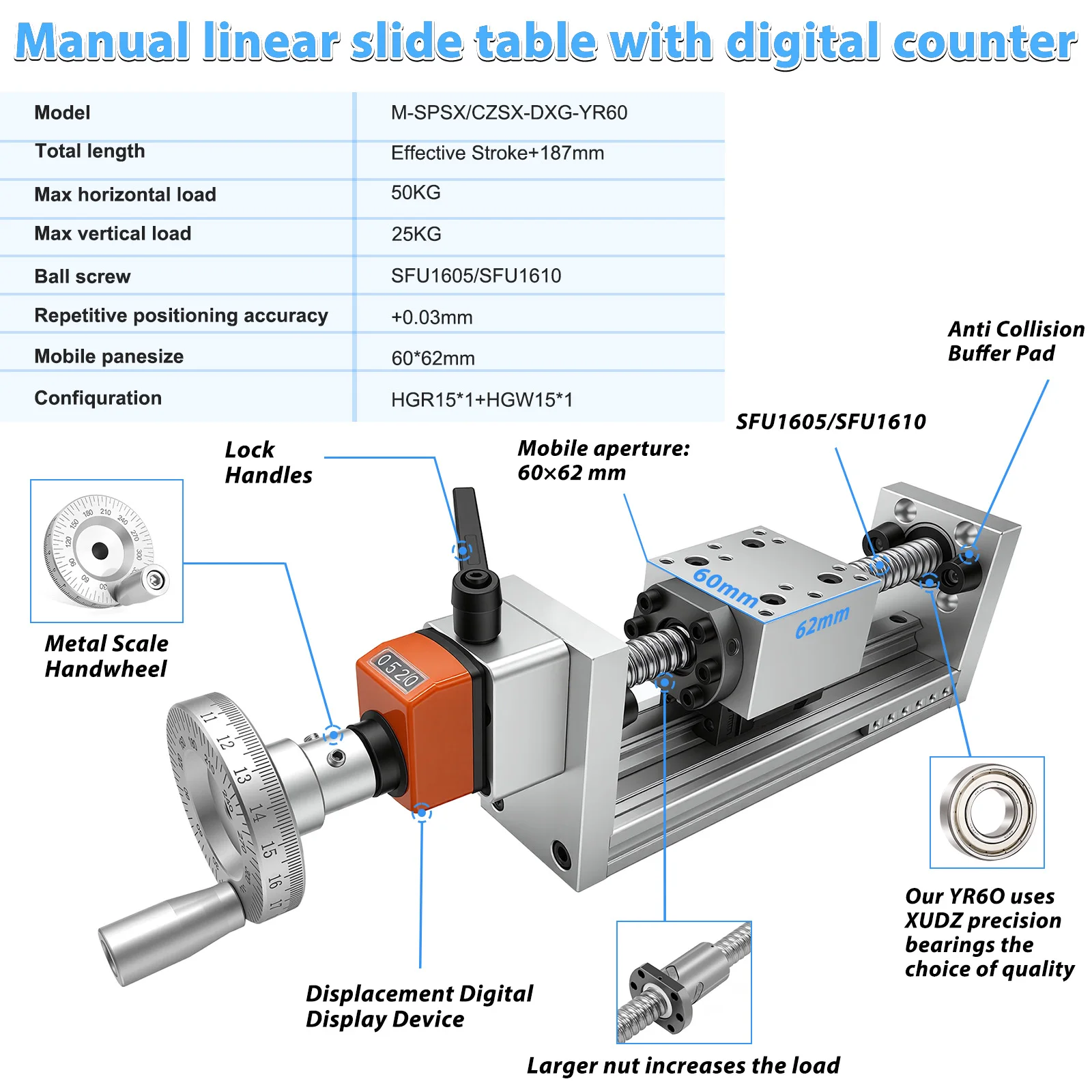 60KG耐荷重手動リニアガイドスライドテーブル 幅60mm  - Linear Rail のレビューと価格